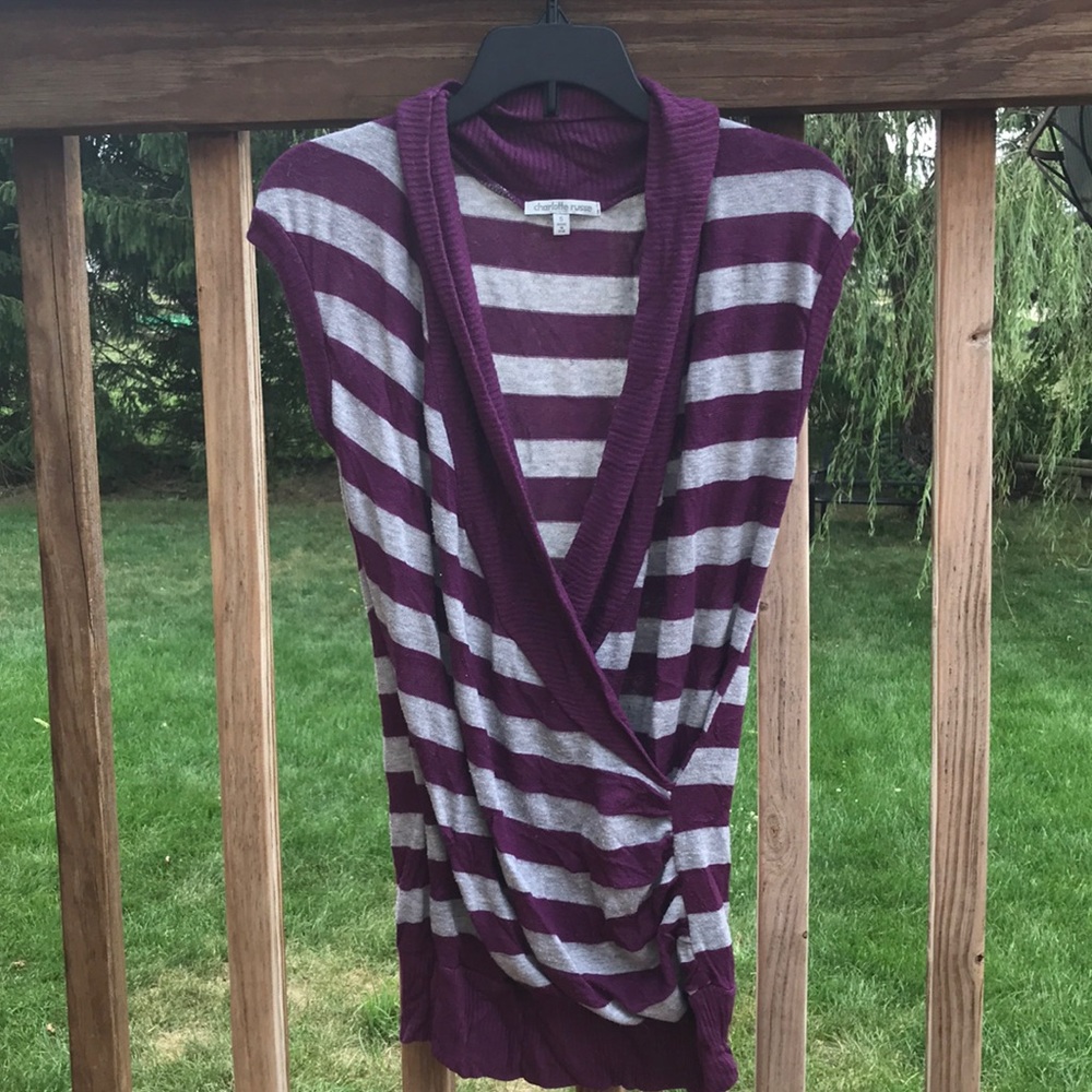 Short sleeve purple and gray wrap sweater